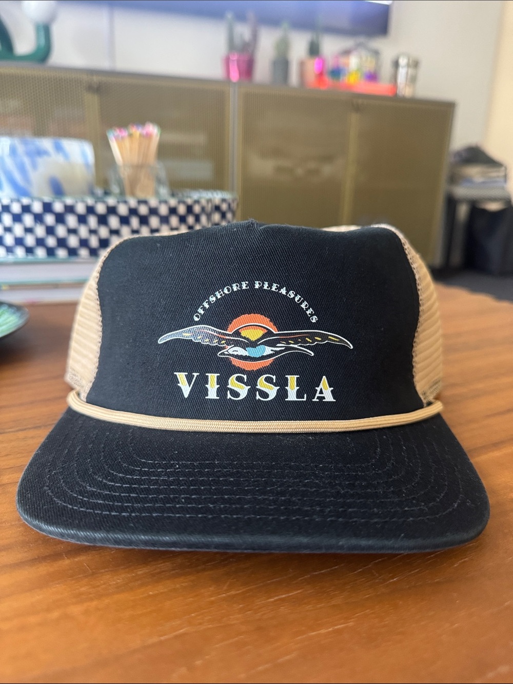 VISSLA Black & Tan Trucker Hat with Sunset Graphic